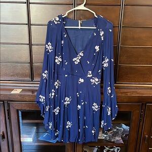 Blue Embroidered Floral Long Sleeve Dress